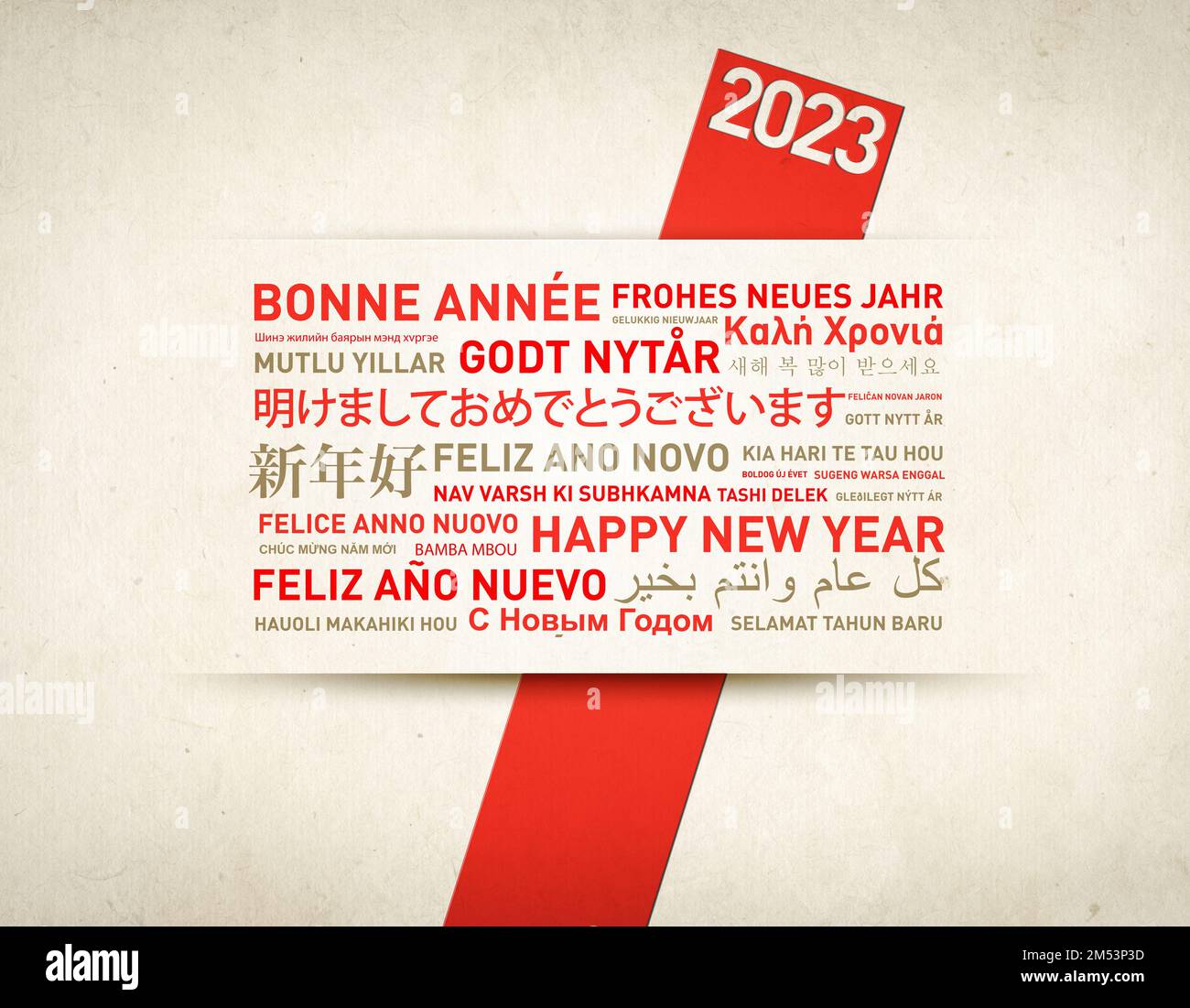 Frohe Silvester-Grußkarte 2023 aus der ganzen Welt in verschiedenen Sprachen Stockfoto