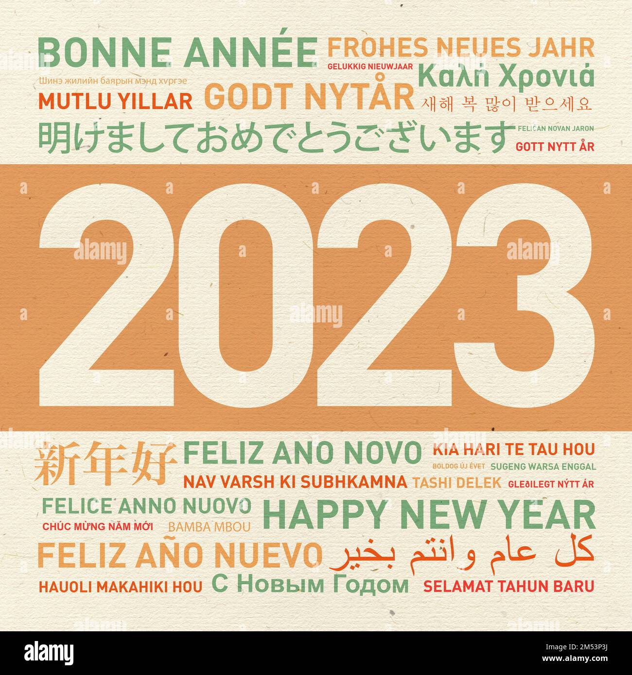 2023 Glückliche Vintage-Karte aus der Welt für das neue Jahr in verschiedenen Sprachen Stockfoto