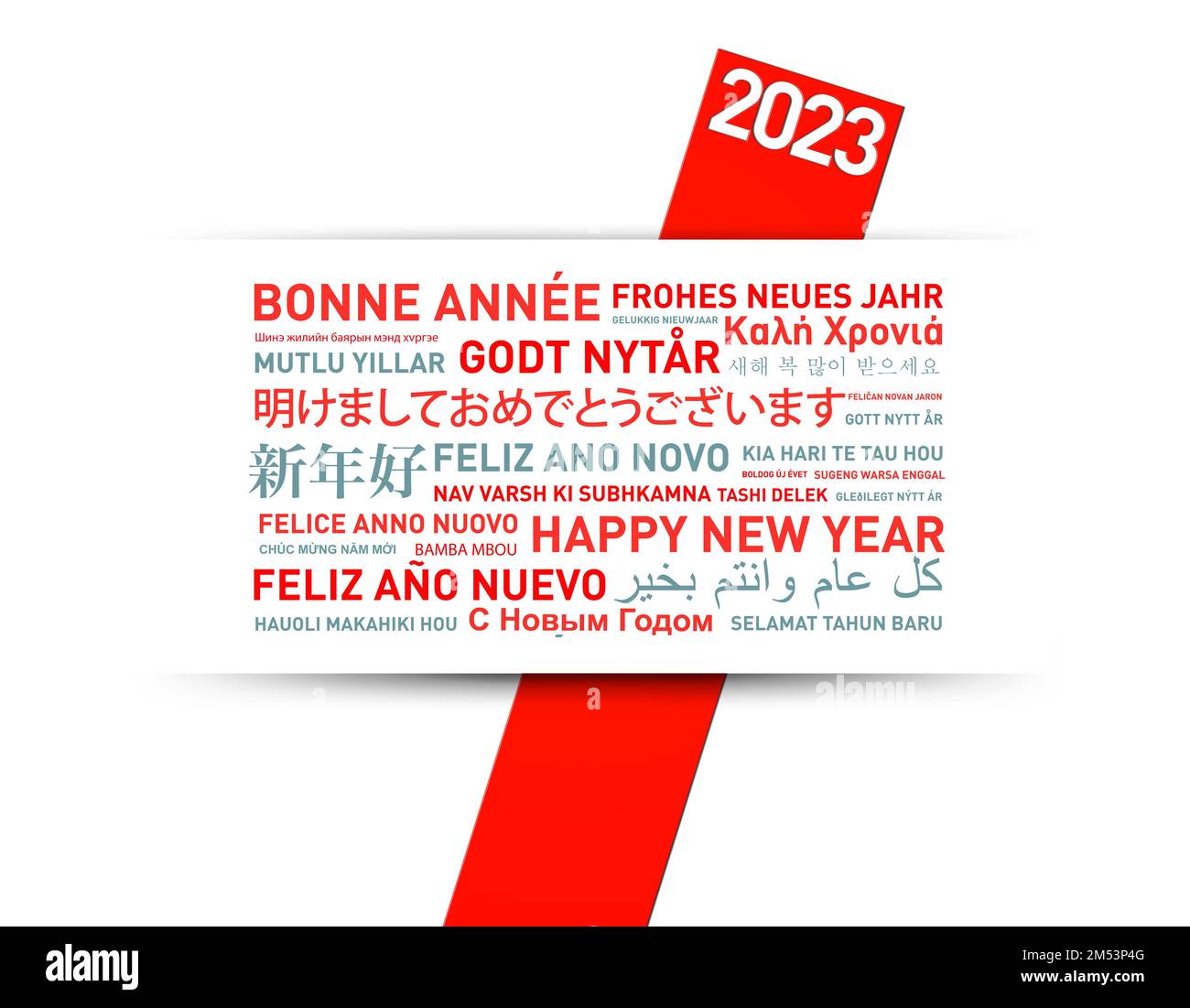 2023 Glückliche Neujahrskarte aus aller Welt in verschiedenen Sprachen Stockfoto