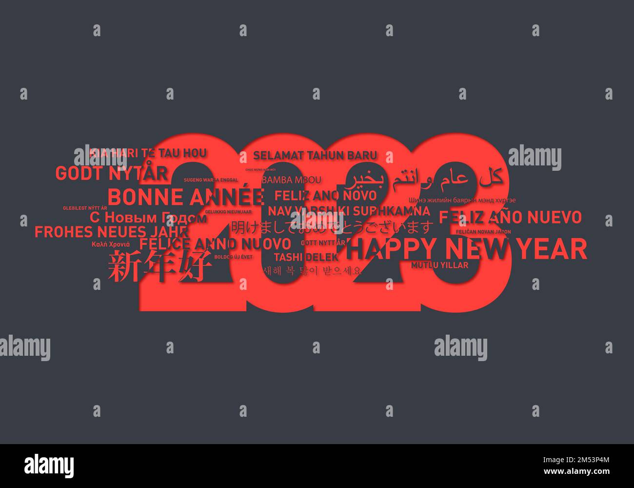 Frohes neues Jahr 2023 Karte aus der Welt in verschiedenen Sprachen. Roter und grauer Hintergrund Stockfoto