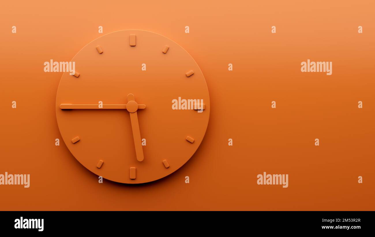 Eine minimale orangefarbene Uhr 5:45 Uhr Viertel vor sechs abstrakte minimalistische Wanduhr, 3D Abbildung Stockfoto
