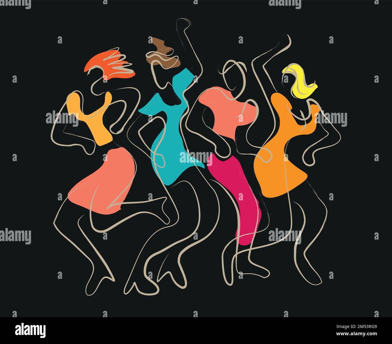 Junge Partyleute, die im Disco-Club tanzen, Linienkunst. Ausdrucksstarke, farbenfrohe Illustration von tanzenden Menschen auf schwarzem Hintergrund. Vektor verfügbar. Stock Vektor