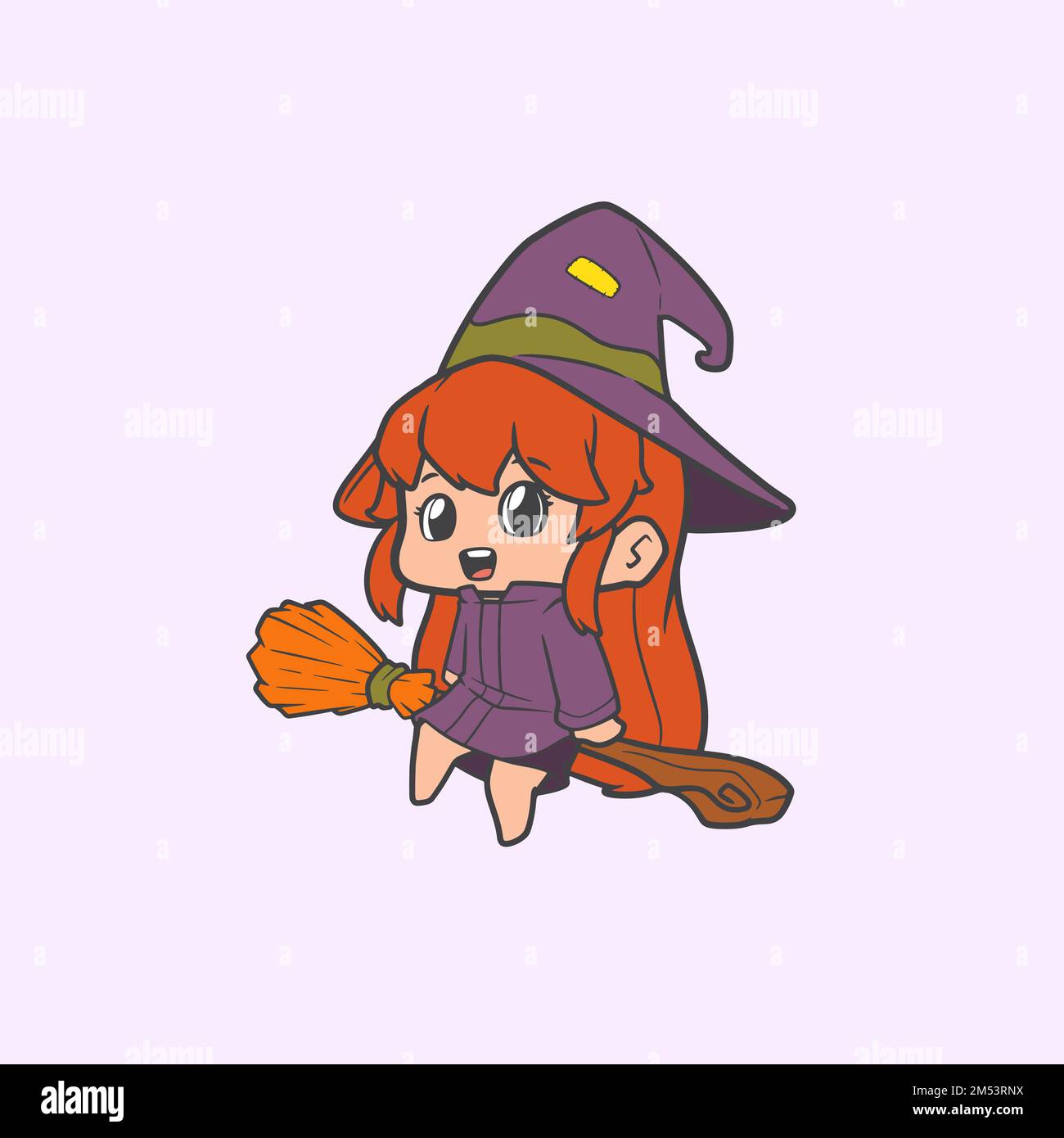 Eine Vektordarstellung einer süßen Zeichentrickhexe, die auf einem fliegenden Besen reitet Stock Vektor
