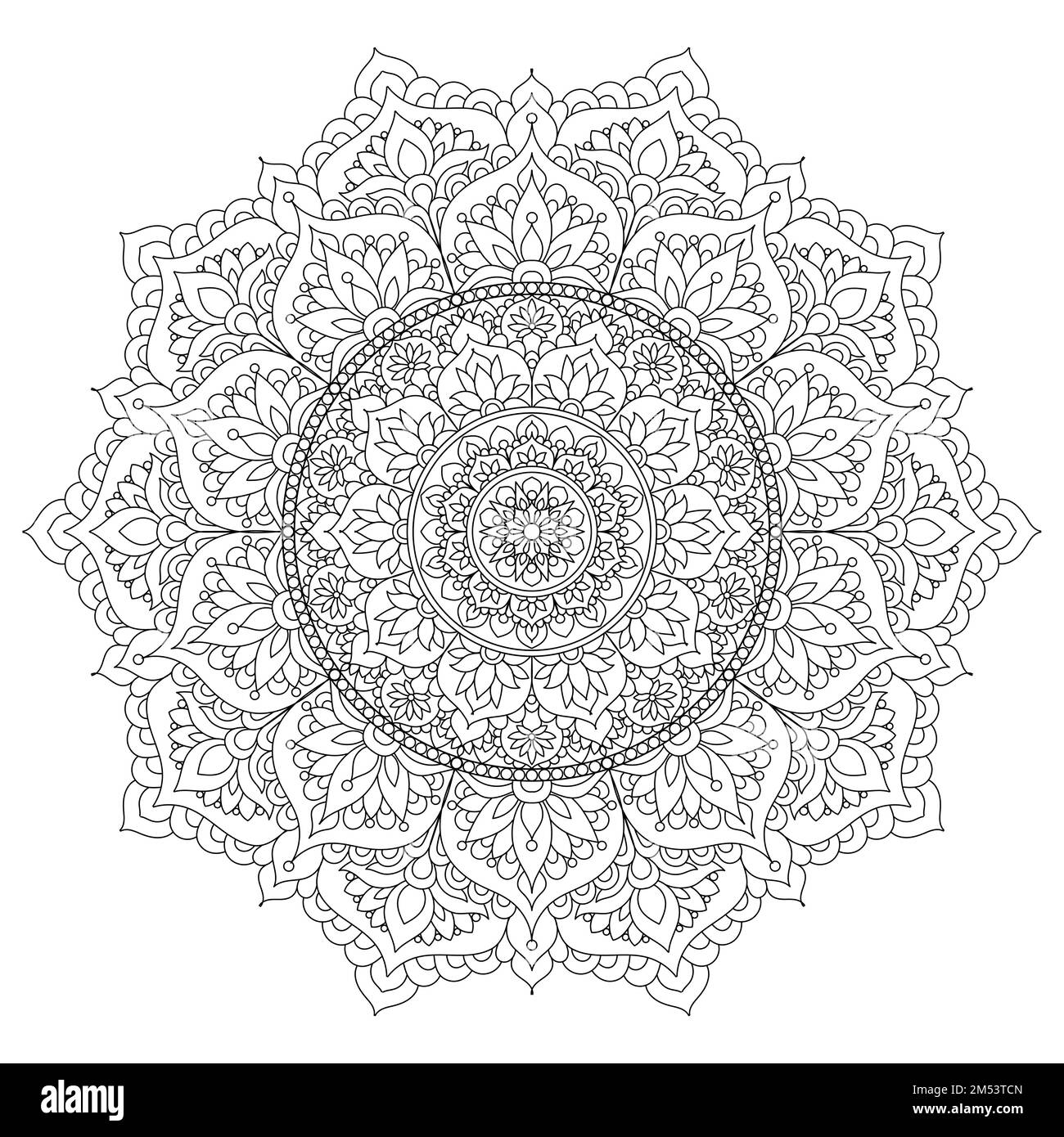 Das offene Mandala. Schwarzweiß-Linearzeichnung. Vektor Stock Vektor