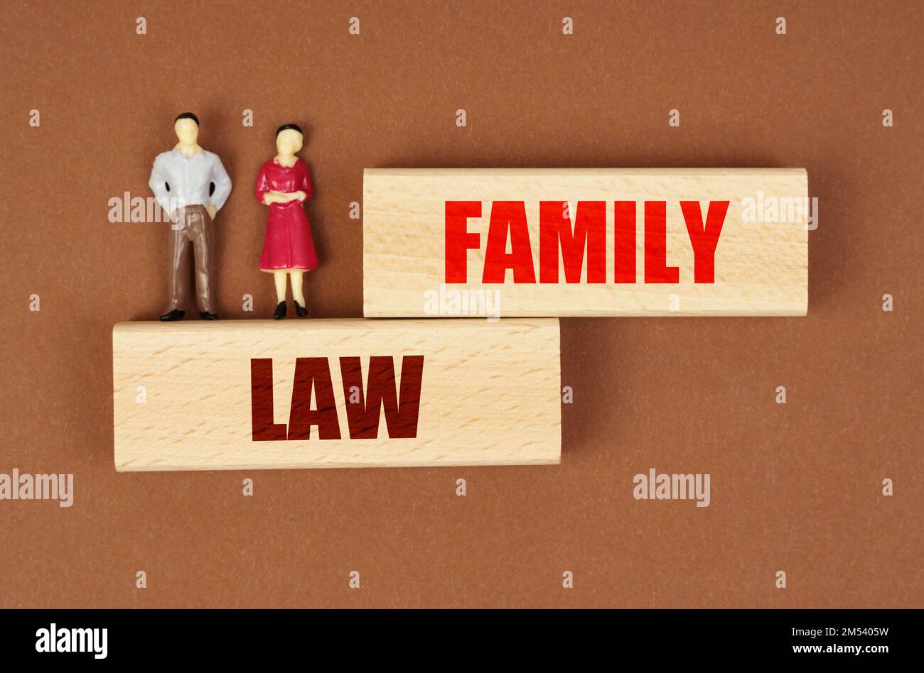 Gesetz und Menschenverstand. Auf Holzblöcken mit der Inschrift "Familienrecht" gibt es Miniaturfiguren von Menschen. Stockfoto