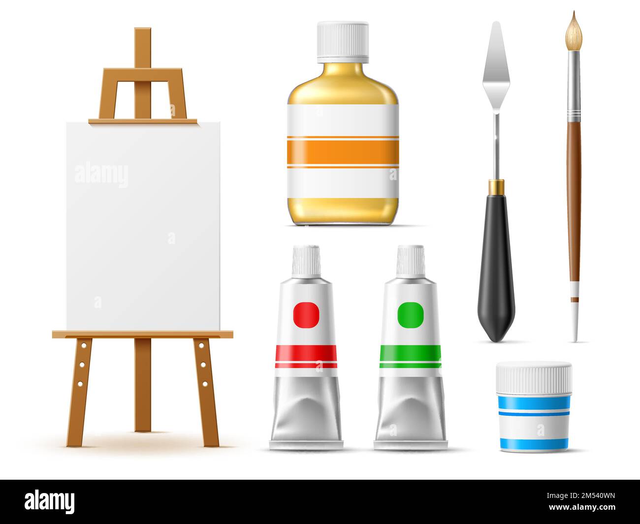 Realistische Malwerkzeuge. Kunstbedarf und Ausrüstung, Öl und Lösungsmittel, Gouache Dose und Pinsel, Palettenmesser und Staffelei mit Leinwand, 3D isoliert Stock Vektor