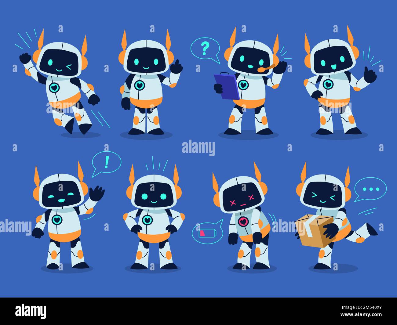 Robotermaskottchen. Niedliches Spielzeug, Cartoon-Cyborg-Figur, verschiedene Posen und Aktionen, lustiger emotionaler android. Computerassistent mit künstlicher Intelligenz Stock Vektor