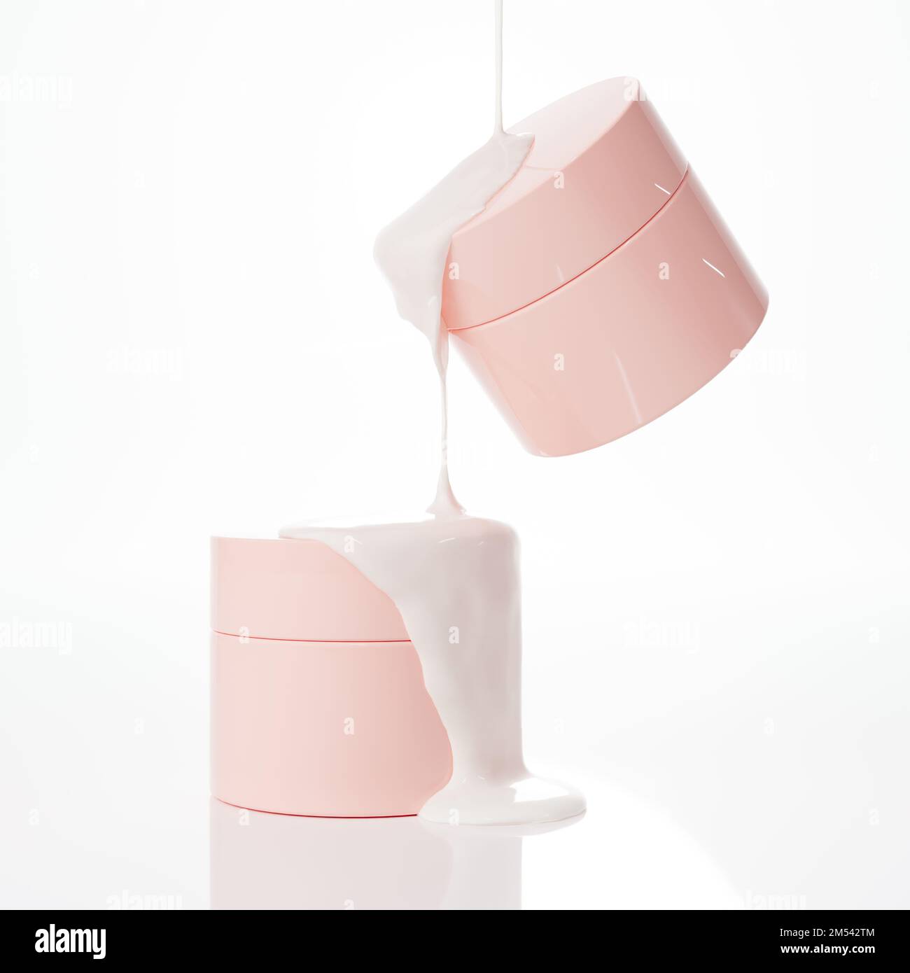 Zwei schwimmende pinkfarbene Kosmetikgläser und flüssige Creme, die aus einer Höhe von über 3D cm strömen, werden auf weißem Hintergrund gerendert Stockfoto