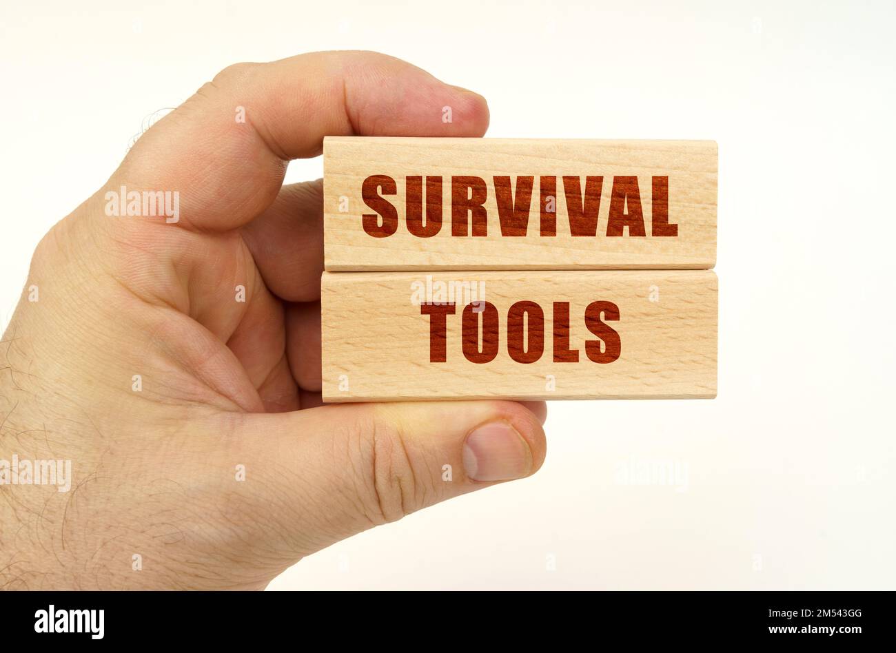 Geschäftskonzept. Auf weißem Hintergrund eine Hand, die Holzblöcke mit der Aufschrift „Survival Tools“ hält Stockfoto