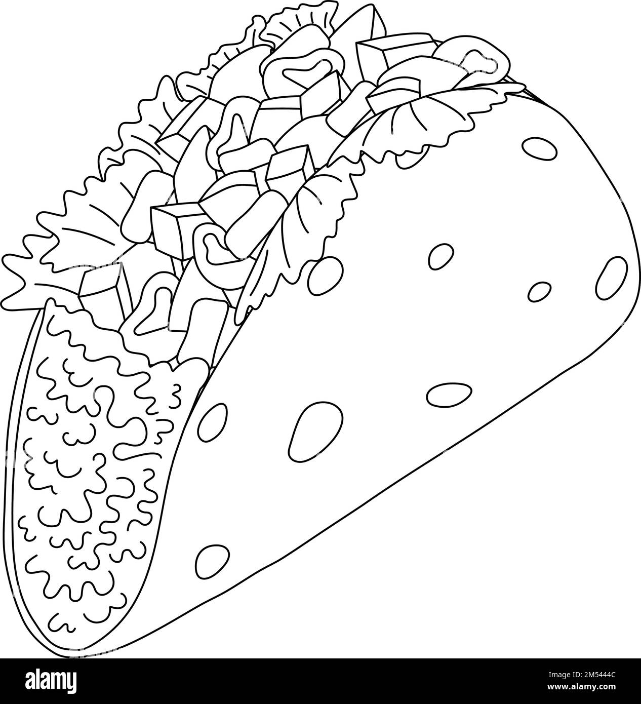 Tacos gefüllt mit Fleisch, Gemüse und Salat. Maismehltortillas. Traditionelle lateinamerikanische Küche. Mexikanisches Essen. Isolieren. Strichart. Geeignet für Poster, Banner, Menüs, Webseiten, Etiketten oder Hintergrundbilder. EPS Stock Vektor