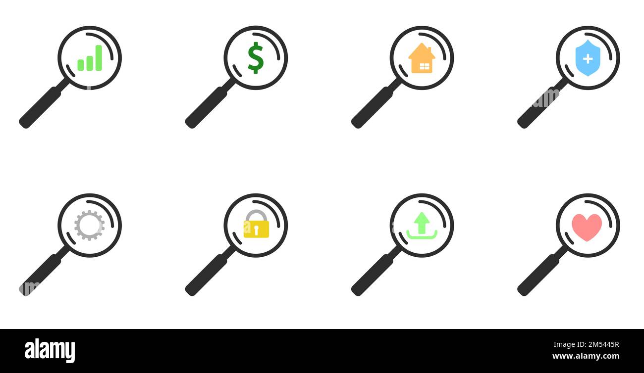 Acht Lupen zeigen eine Vielzahl von Symbolen an. Ein leeres Feld für die Website und das Design. Konzeptionelle Symbole. Stock Vektor