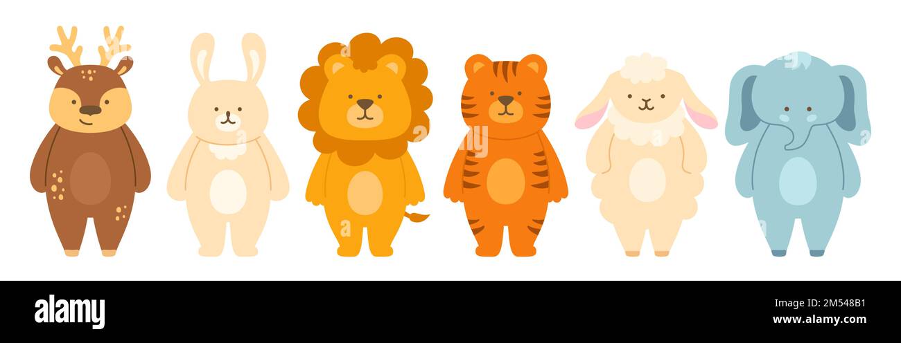 Süße wilde Tiere Cartoon-Baby-Set. Kinder-Safari Löwe, Tigerelefant, Hirsch, Schaf und Kaninchen. Lustige Dschungelkinder-Tiersammlung. Druckvorlage für Kinderkarte, Posterumschlag Stock Vektor