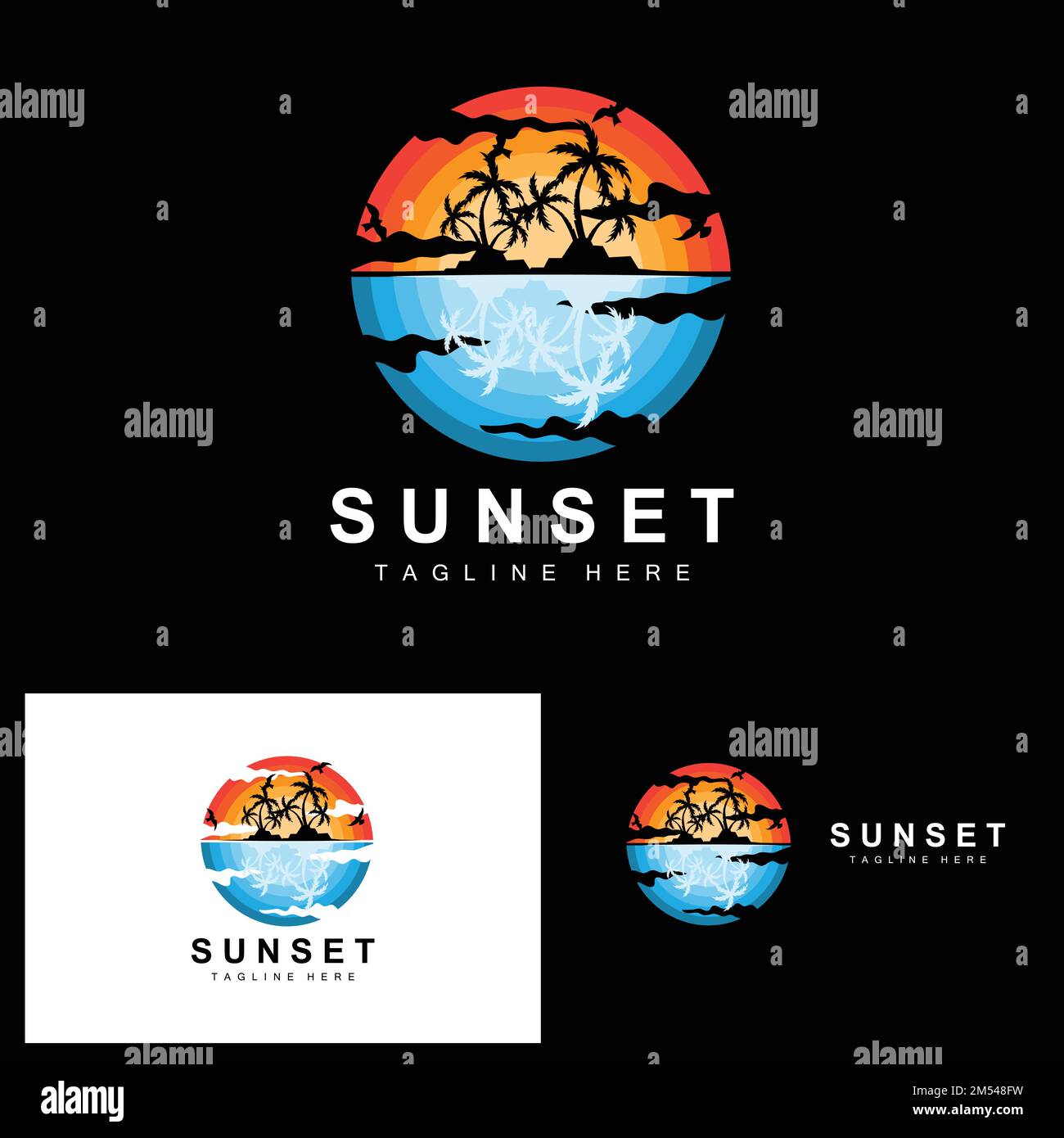 Sunset Beach Logo Design, Seascape Illustration, Red Day Vacation Spot Vector Stock Vektor