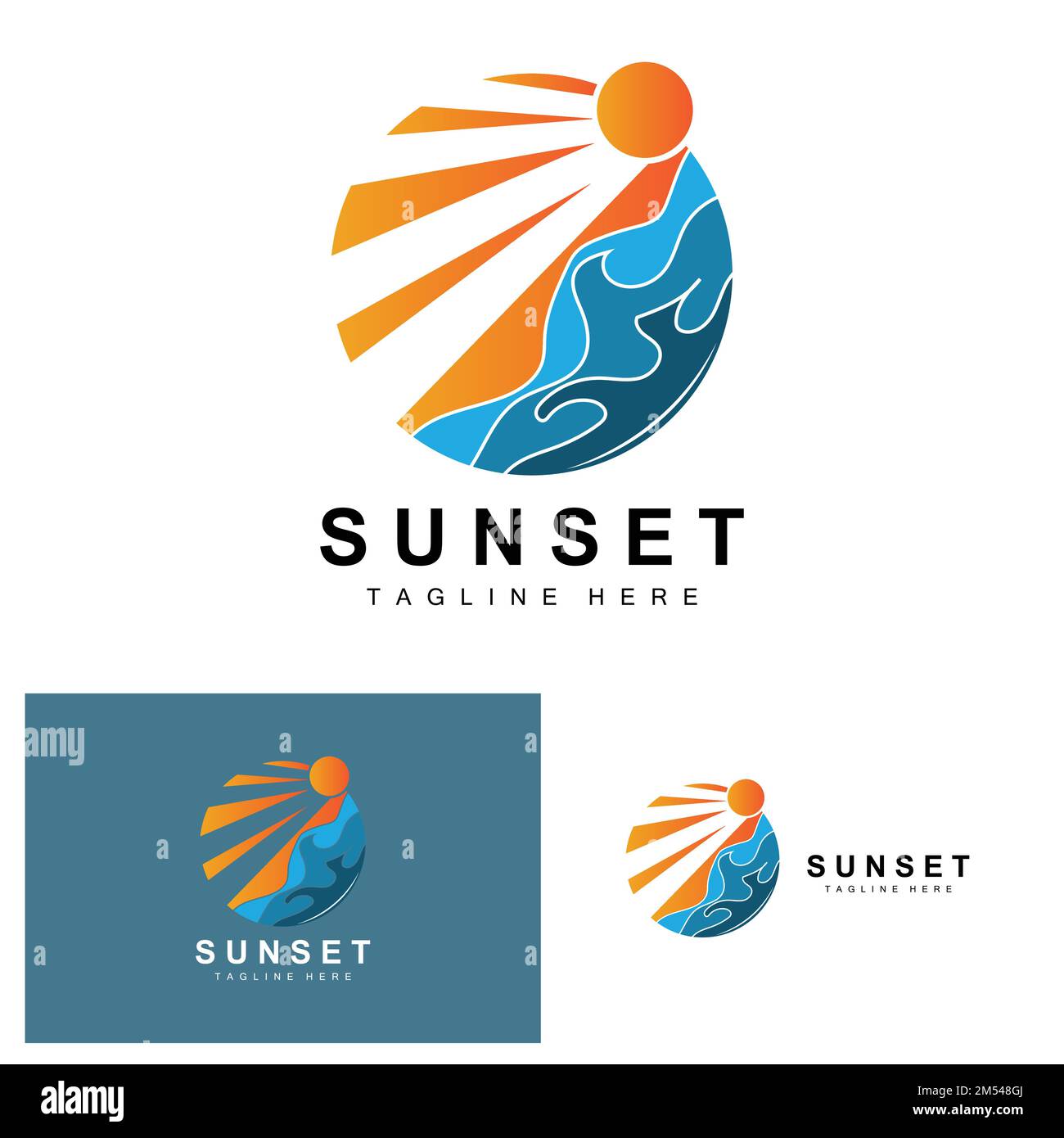 Sunset Beach Logo Design, Seascape Illustration, Red Day Vacation Spot Vector Stock Vektor