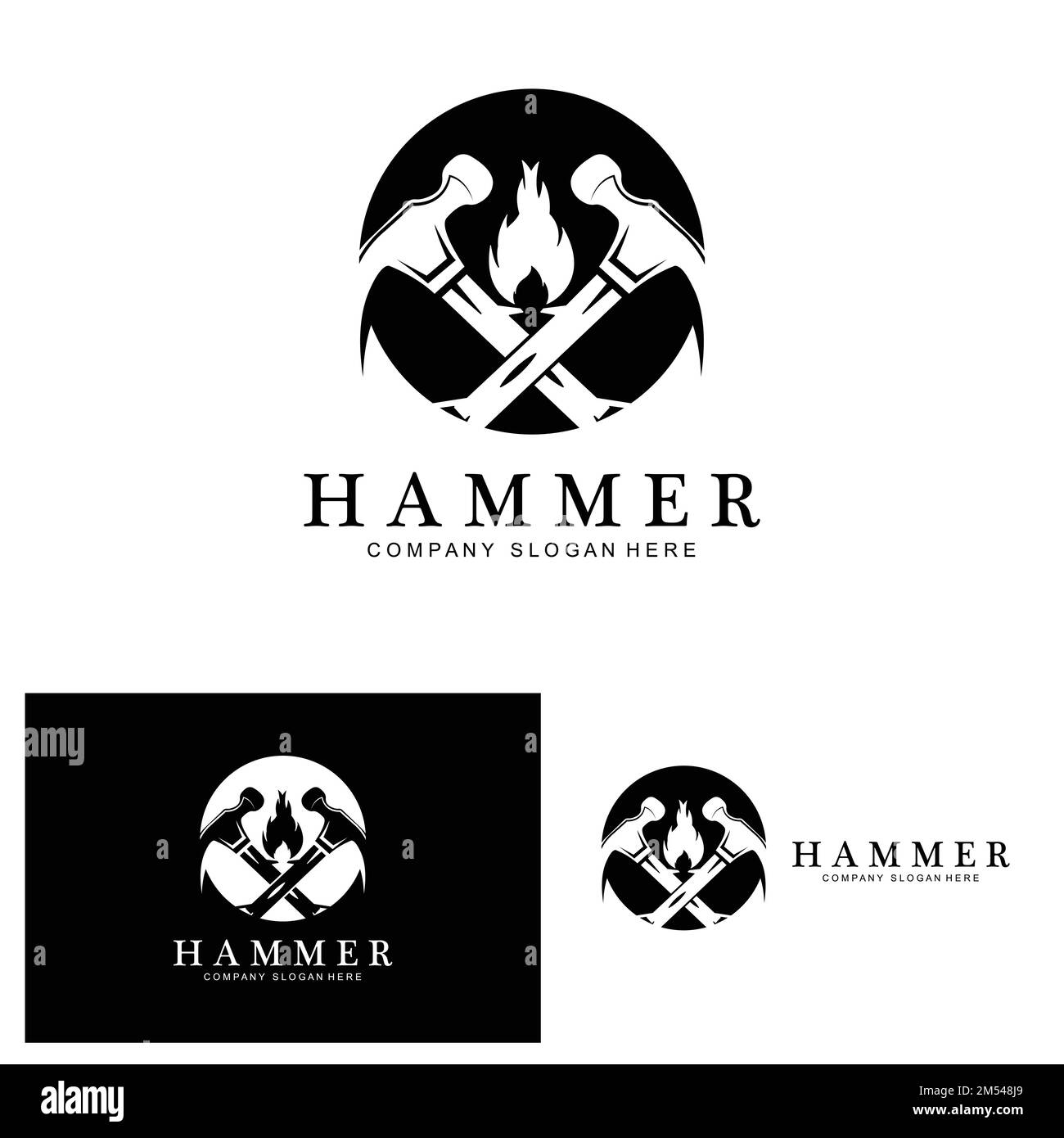 Hammer, Bauwerkzeuge und Richter Logo Vektor-Symbol, vintage Retro-Design-Illustration Stock Vektor