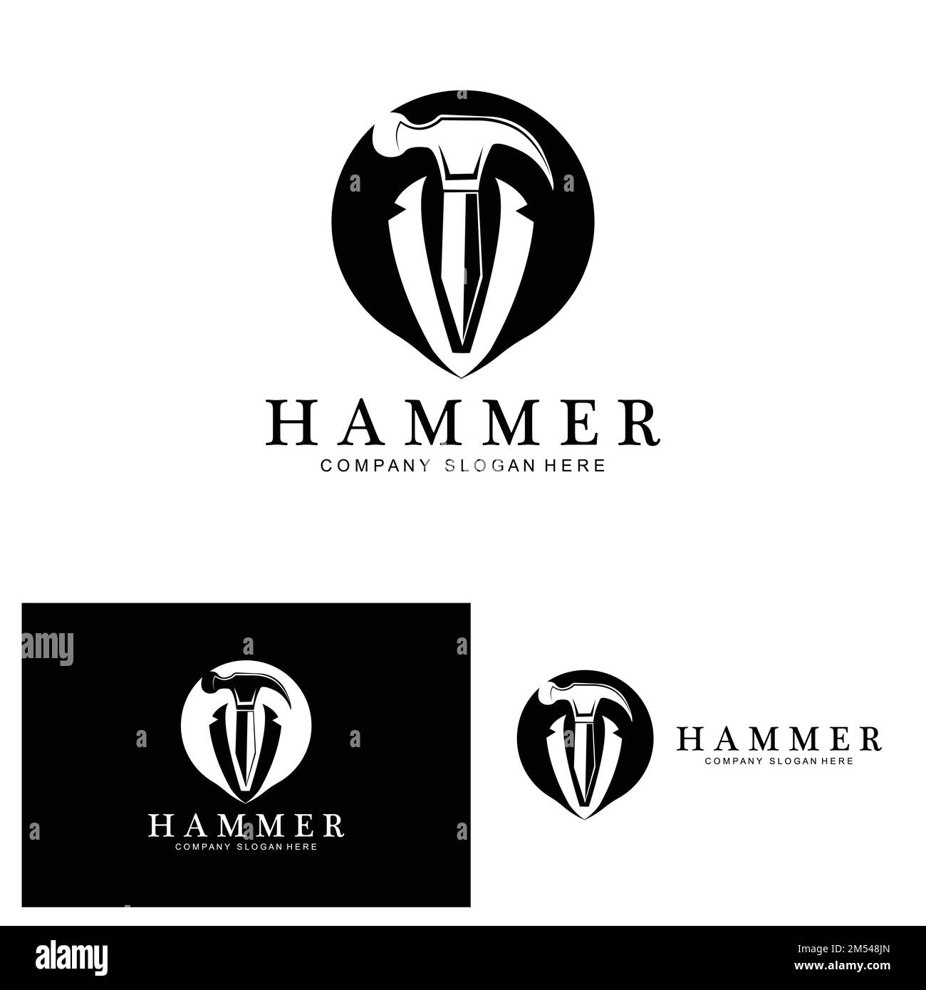 Hammer, Bauwerkzeuge und Richter Logo Vektor-Symbol, vintage Retro-Design-Illustration Stock Vektor