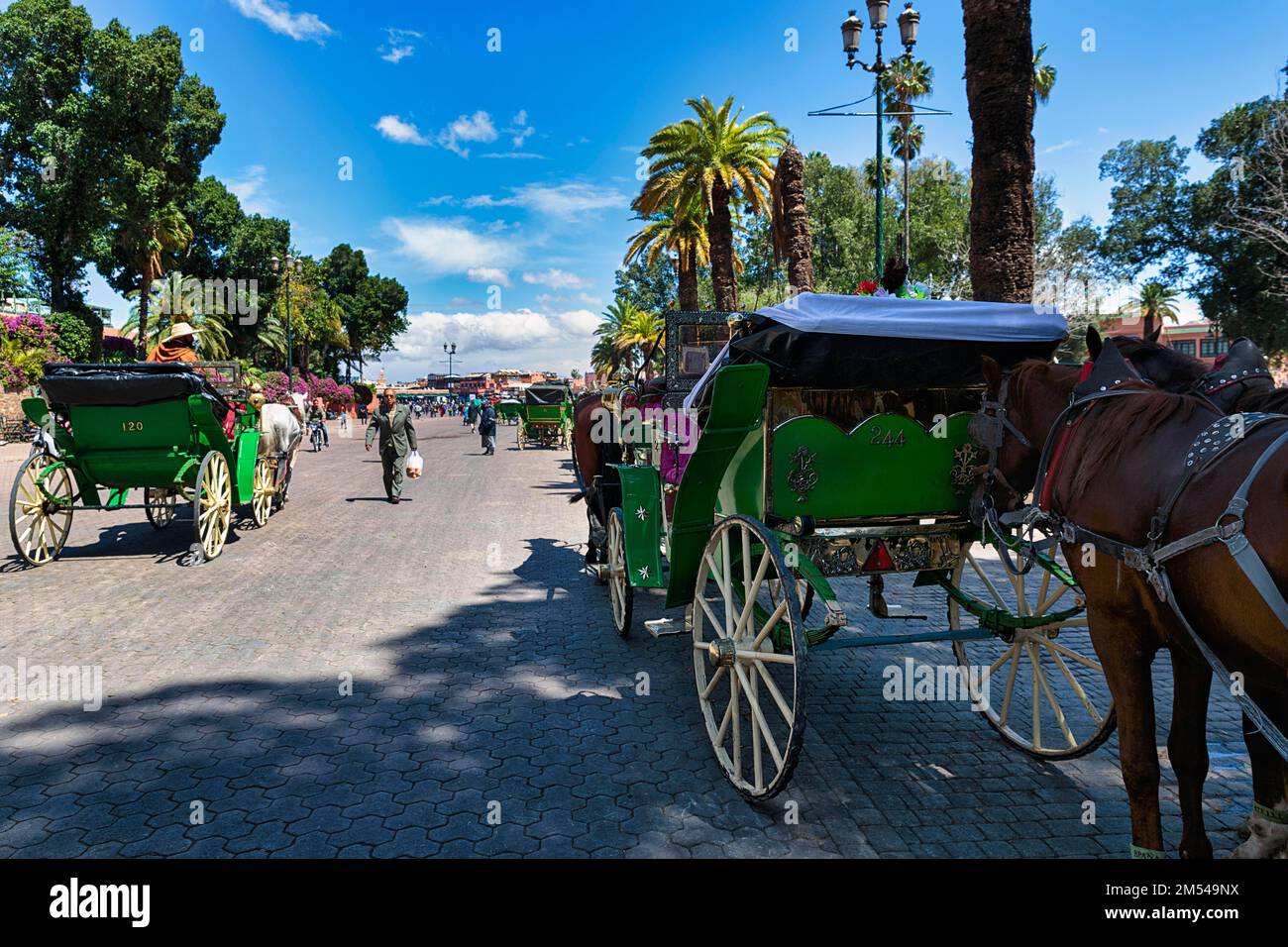 Typische Pferdekutschen und Passanten auf der Straße, Medina, Marrakesch, Marokko Stockfoto