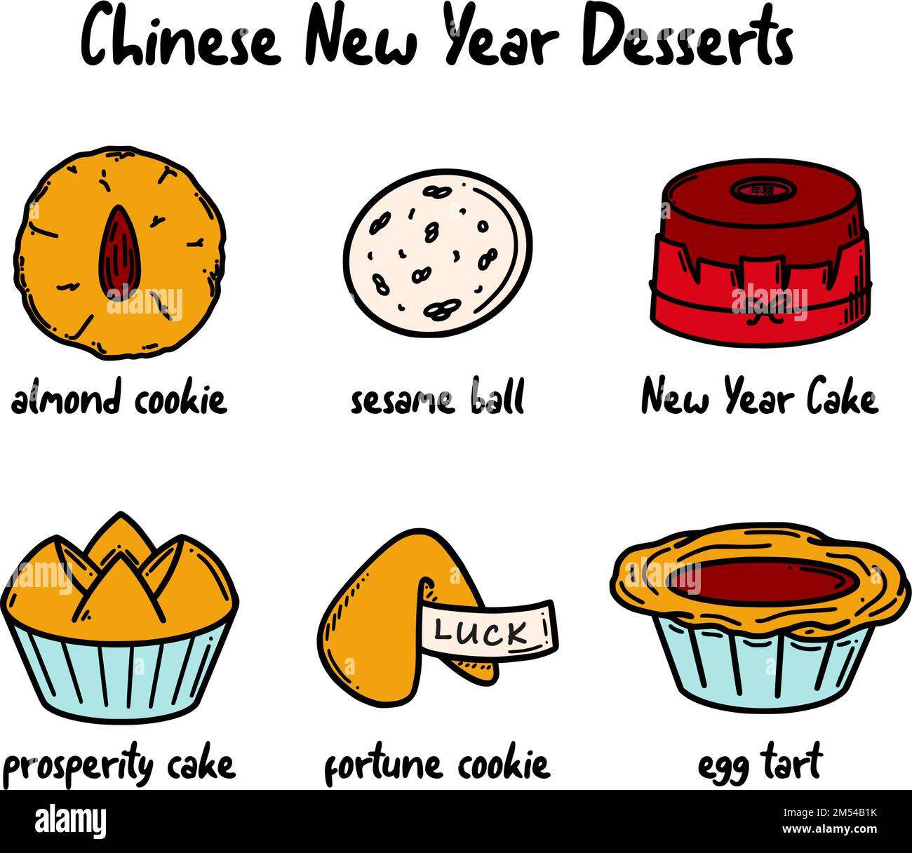 CNY-Feier, chinesische Neujahrsdesserts, Vektorgrafik im Doodle-Stil. Stock Vektor