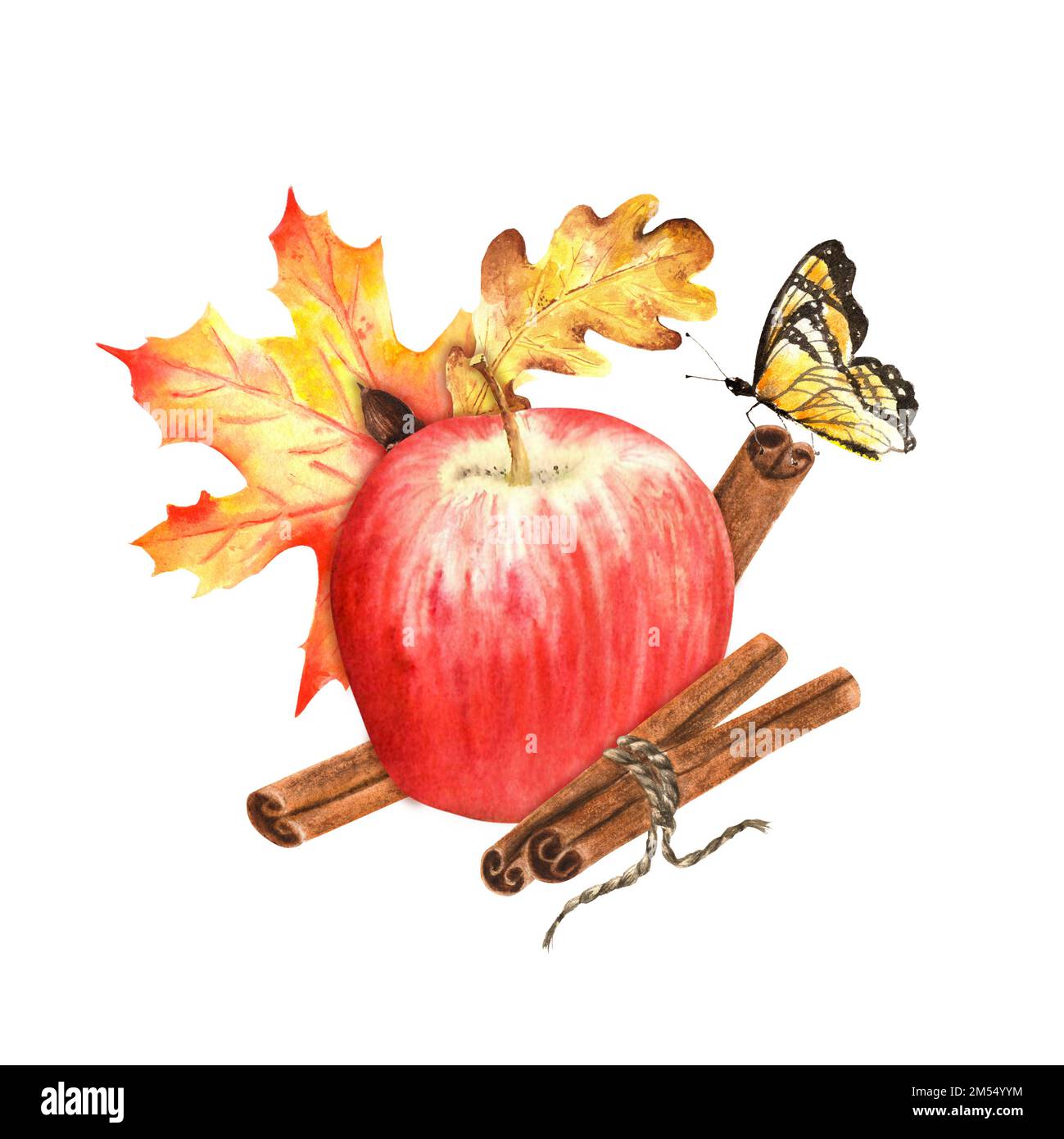 Handgezeichnete Aquarellfarben mit Apfel, bunten Blättern, Zimtstangen und einem Schmetterling. Eine kleine Abbildung für das Druckdesign. Stockfoto