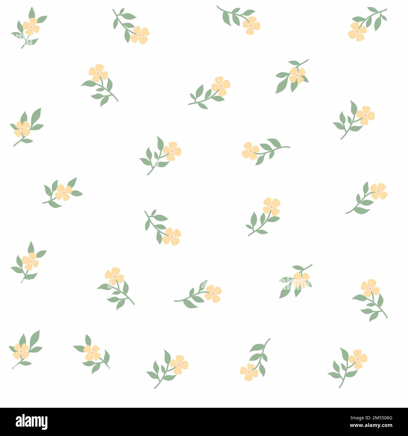 Süßes, nahtloses Blumenmuster. Set aus kleinen abstrakten gelben Blüten mit grünen Blättern auf weißem Hintergrund. Stockfoto