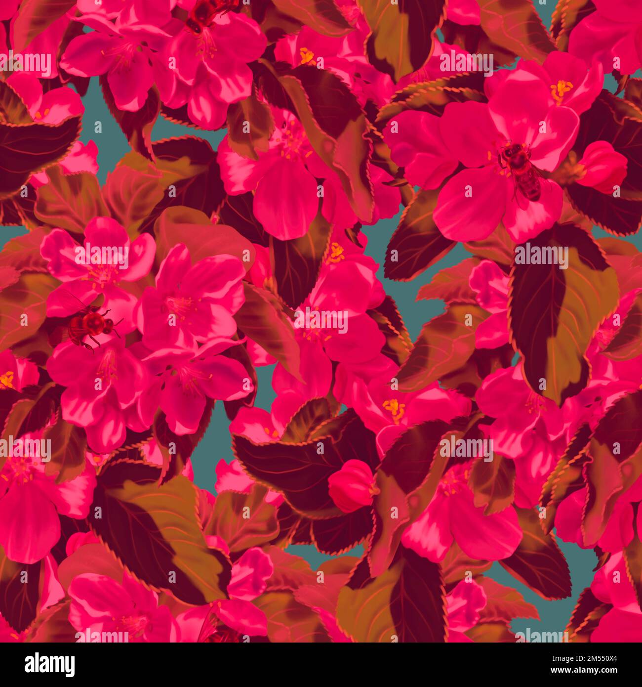 Nahtloses Muster Viva Magenta. Aquarell-Darstellung roter Wildblumen. Trendige Farbe 2023. Realistisches Digitalpapier Stockfoto