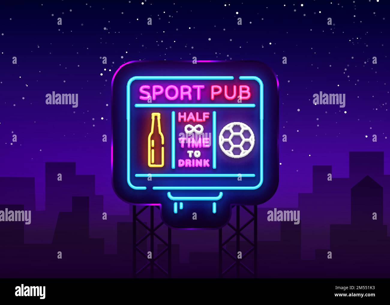 Sportbar Logo Neon Vektor. Sport Pub Neonschild, Fußball Scoreboard Konzept, Nachtleben helles Schild für Sport Pub, Bar, Fan Club, Speisesaal, Stock Vektor