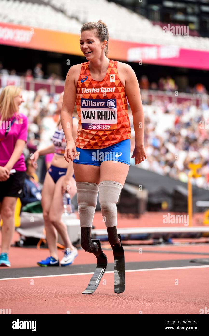 Marlou van Rhijn, Blade Babe, tritt in der 200m T43. Klasse bei den World para Athletics Championships 2017 im London Stadium in Großbritannien an. Niederländischer Parathlet Stockfoto