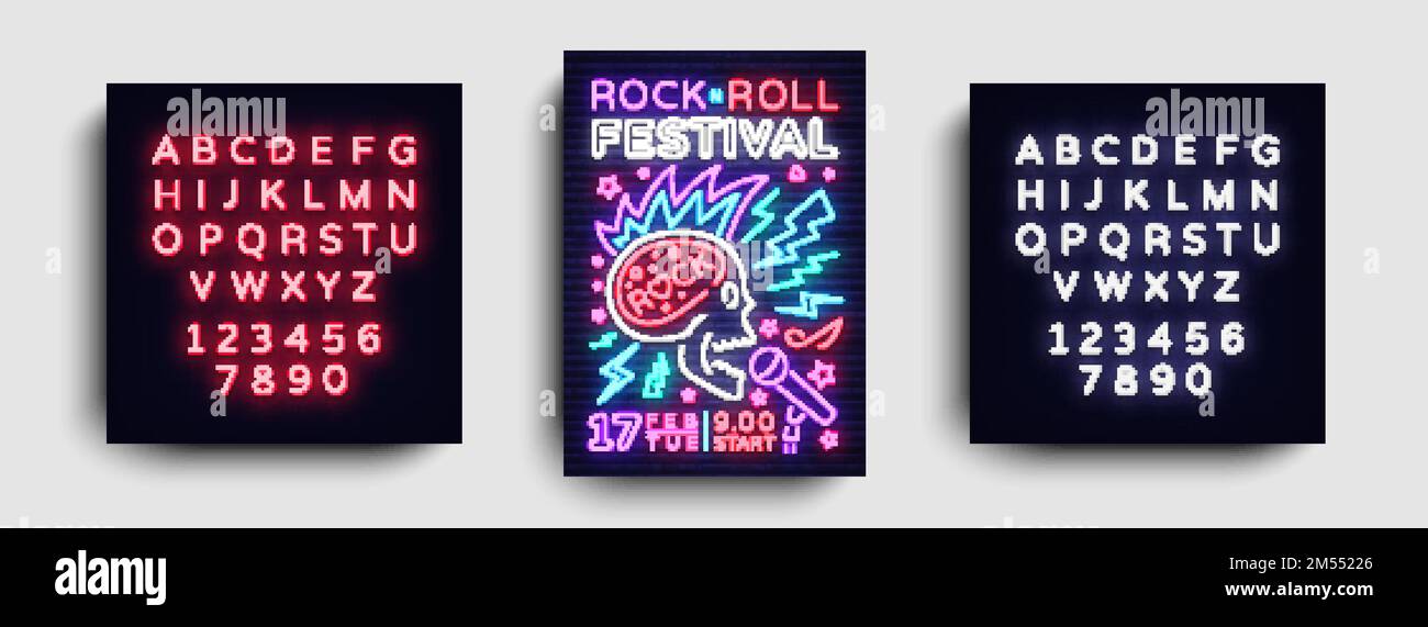 Designvorlage für das Rock Music Festival Flyer. Rock and Roll Neon Schild, Light Banner, Design Rock Konzerteinladung, Neon Style, Broschüre, Typografie, Ne Stock Vektor