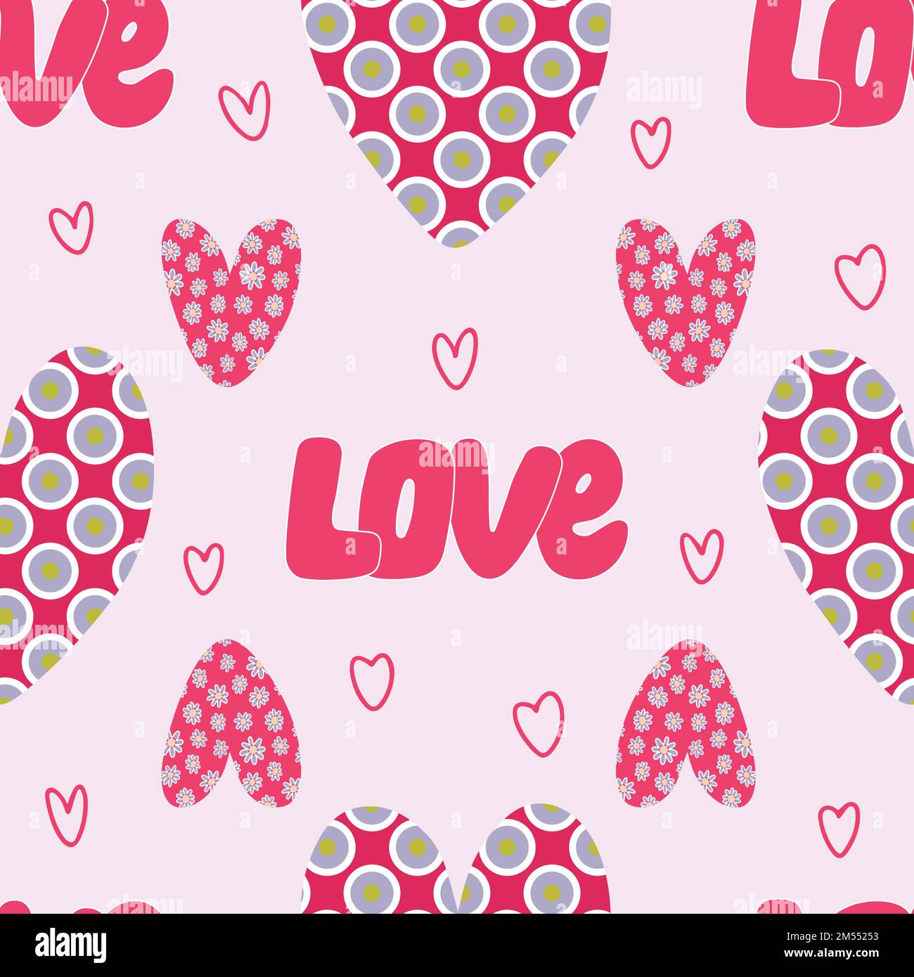 Liebesmuster mit handgezeichneten Herzen und WORTLIEBE. Stock Vektor