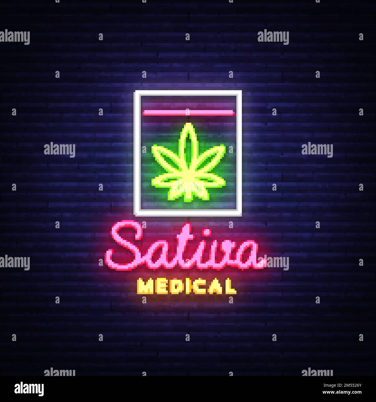 Marihuana Medical Logo Neon Vector. Sativa Medical, Rauchen von Marijuana, Lagerung und Kultivierung von medizinischen Geräten von Cannabino, Lichtbanner, Design te Stock Vektor