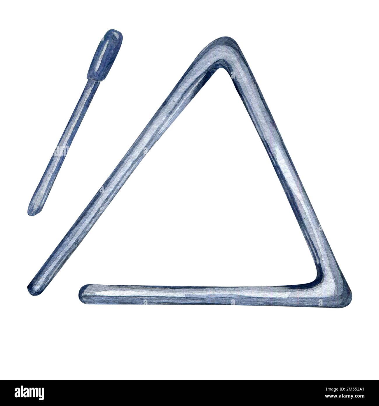 Dreieck-Perkussion Musikinstrument Aquarell-Darstellung isoliert. Das Geräusch eines handbemalten Metallinstruments. Designelement für Verpackung, Postkarte Stockfoto