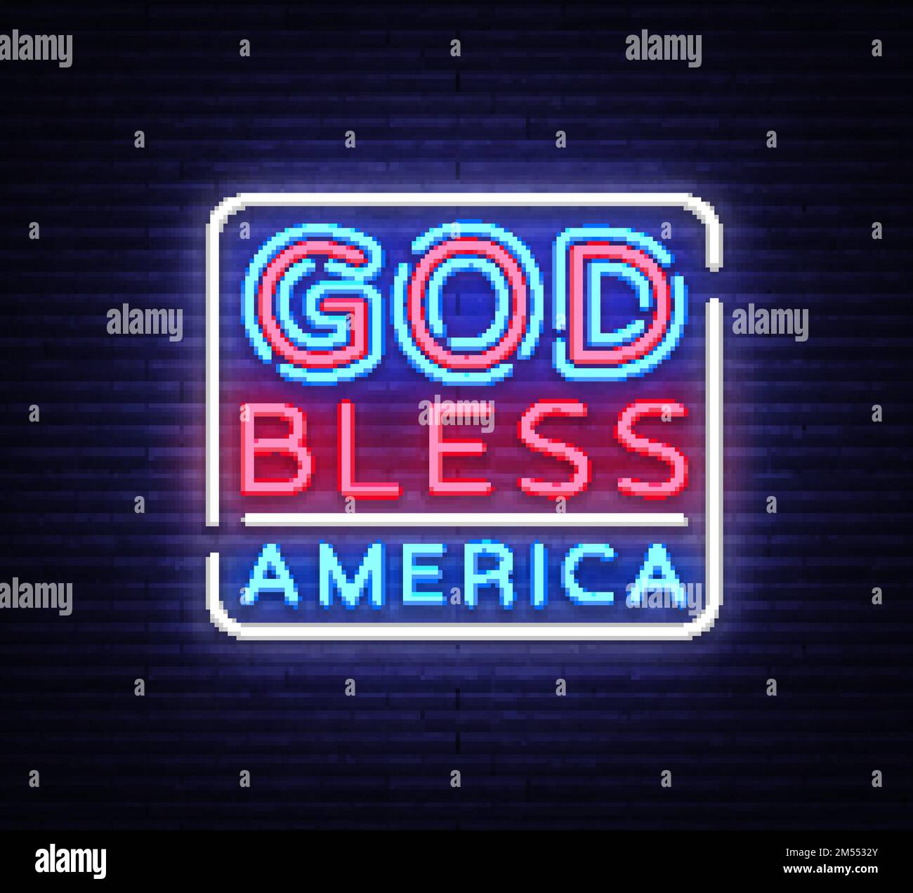 Gott segne Amerika, Neonvektorzeichen. Bannerleuchte mit USA-Symbol, Abbildung einer leuchtenden Nacht. Vektordarstellung. Stock Vektor