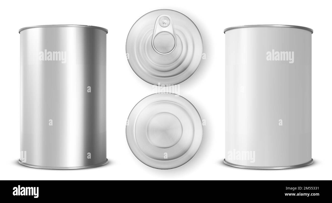 Blechdose mit Ringzugseite, Ansicht von oben unten. Flaschenbehälter aus Metall mit Deckel, offener Schlüssel Silberfarbener Aluminiumkanister für Konserven auf weißem Hintergrund, realistisches 3D-Vektorsymbol Stock Vektor