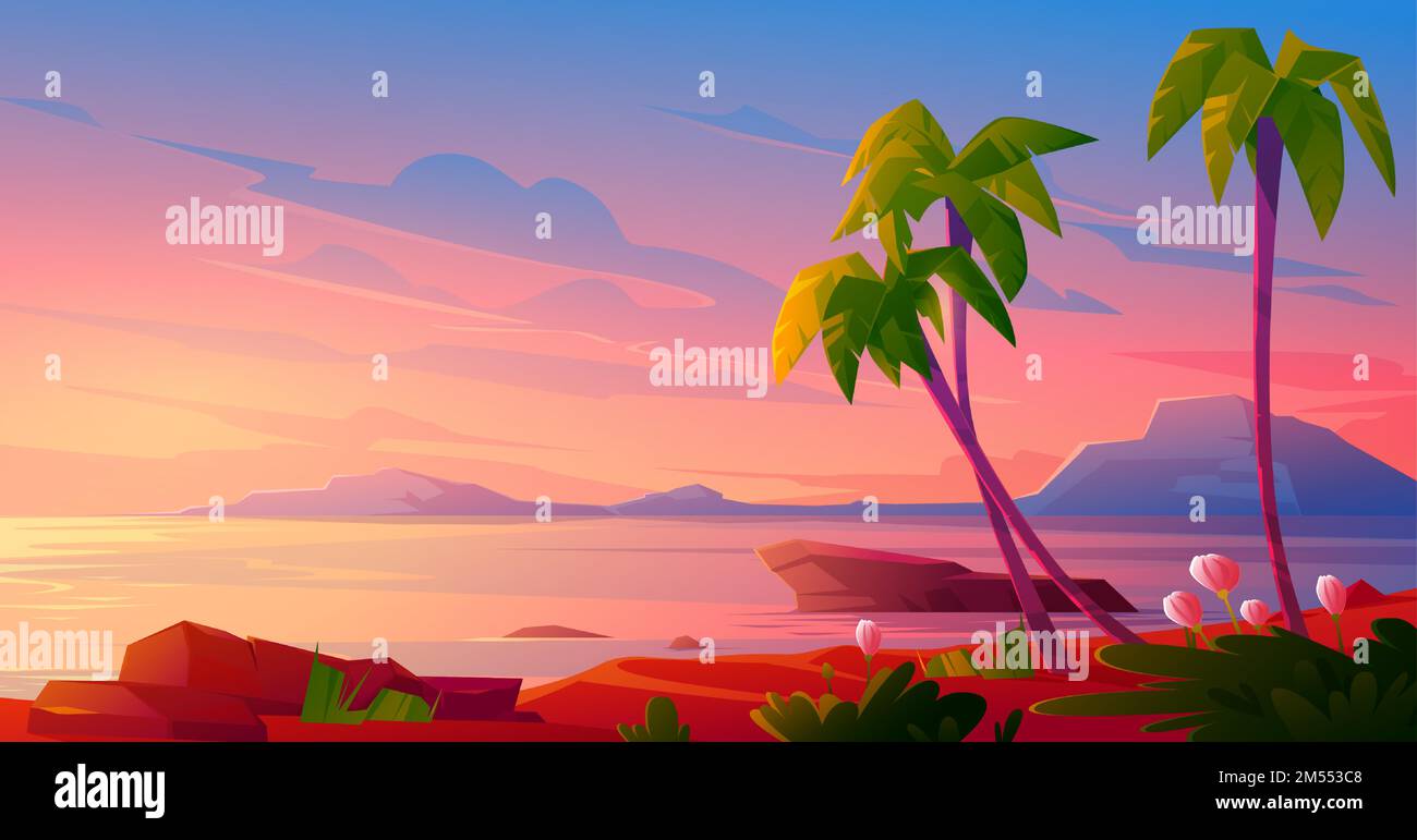 Sonnenuntergang oder Sonnenaufgang am Strand, tropische Landschaft mit Palmen und wunderschönen Blumen am Meer unter rosa bewölktem Himmel. Idyllisches Paradies am Abend oder Morgen, Insel im Meer, Cartoon-Vektordarstellung Stock Vektor