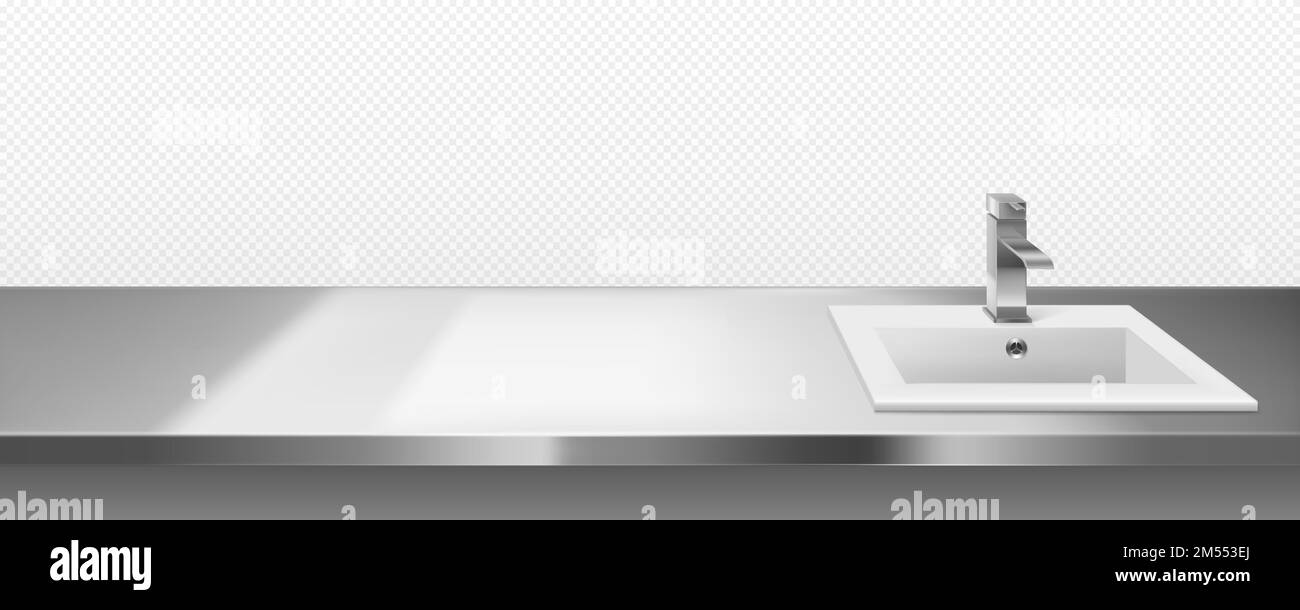 Keramikwaschbecken mit Metallhahn für Küche oder Badezimmer auf Arbeitsfläche aus Stahl, Vorderansicht oder Draufsicht isoliert auf transparentem Hintergrund. Innenrahmen mit Schreibtisch aus Edelstahl, realistischer 3D-Vektorrahmen Stock Vektor