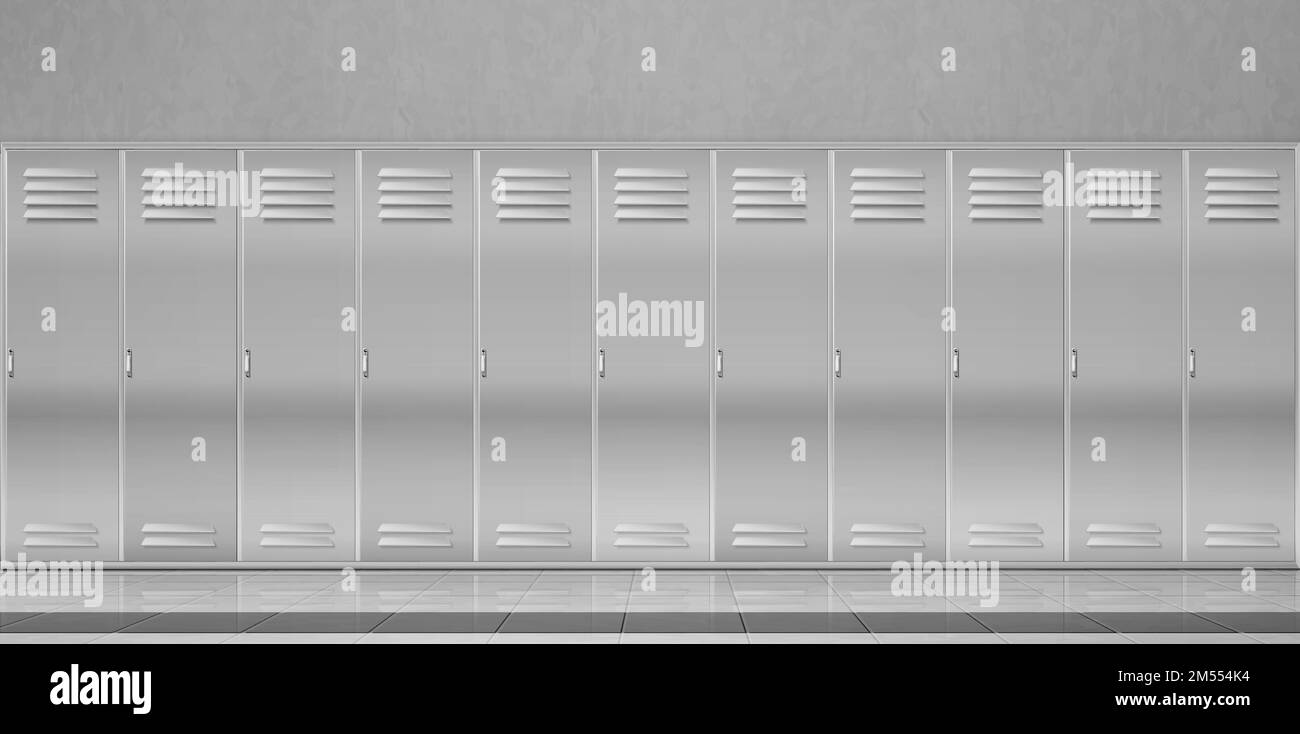 Stahlschließfächer im Schulflur oder Umkleideraum im Fitnessraum. Vektorrealistisches Interieur mit einzelnen Metallschränken mit geschlossenen Türen im Sport- oder Fitnessclub. Sicherheitsaufbewahrung im öffentlichen Raum Stock Vektor