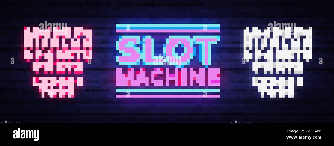 Slot Machine Signature Vector Design-Vorlage. Slot Machine Neon Logo, helles Banner Designelement farbenfroher moderner Designtrend, Nachtwerbung, Stock Vektor