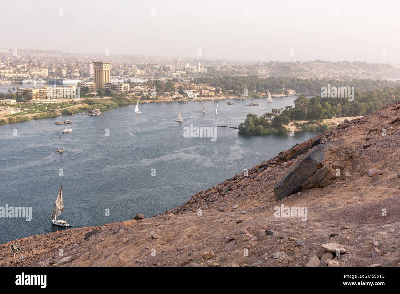 (Flussschiff) Feluke auf dem Nil mit der Sahara hinter in Assuan, Egipt. Stockfoto