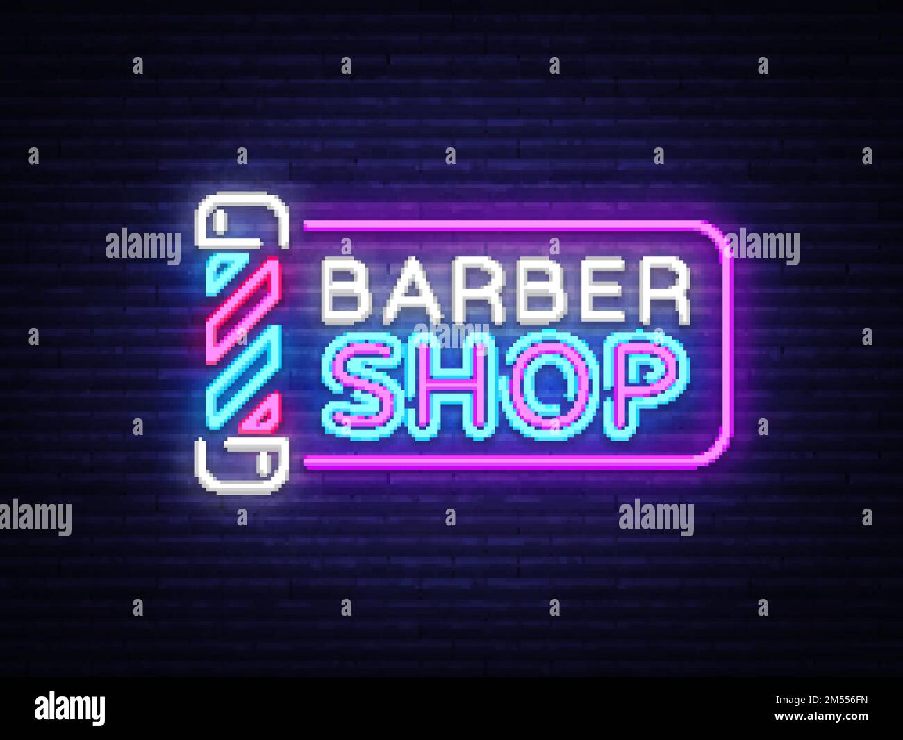 Barber-Shop-Vorlage für Vektordesign. Neon-Logo von Friseur, helles Banner Designelement farbenfroher moderner Designtrend, Nachtwerbung, br Stock Vektor