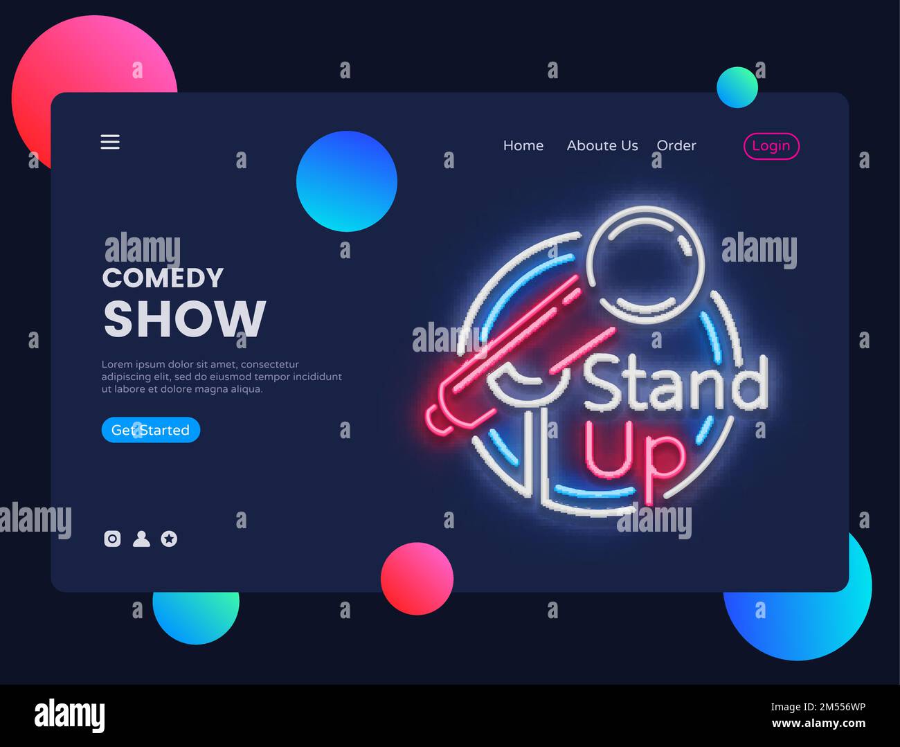 Kreatives Design der Stehauflage-Website. Stand-Up Neon Sign Vector Illustration, Comedy Show Konzept für Website und mobile Apps, Business Apps Stock Vektor