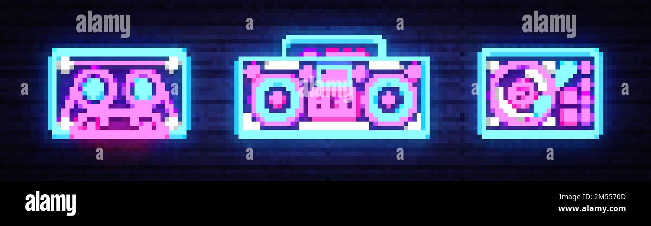 Große Kollektion Neongesang. Retro Music Neon Symbole Designelemente. Zurück zu den hellen Bannern 80-90s im modernen Trend-Design. Helles Schild, Nachtwerbung Stock Vektor