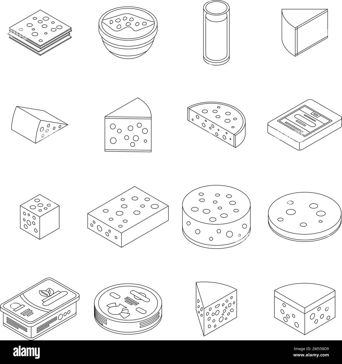 Käsesymbole gesetzt. Isometrischer Satz von Käsevektorsymbolen für Webdesign isoliert auf weißem Hintergrund Stock Vektor