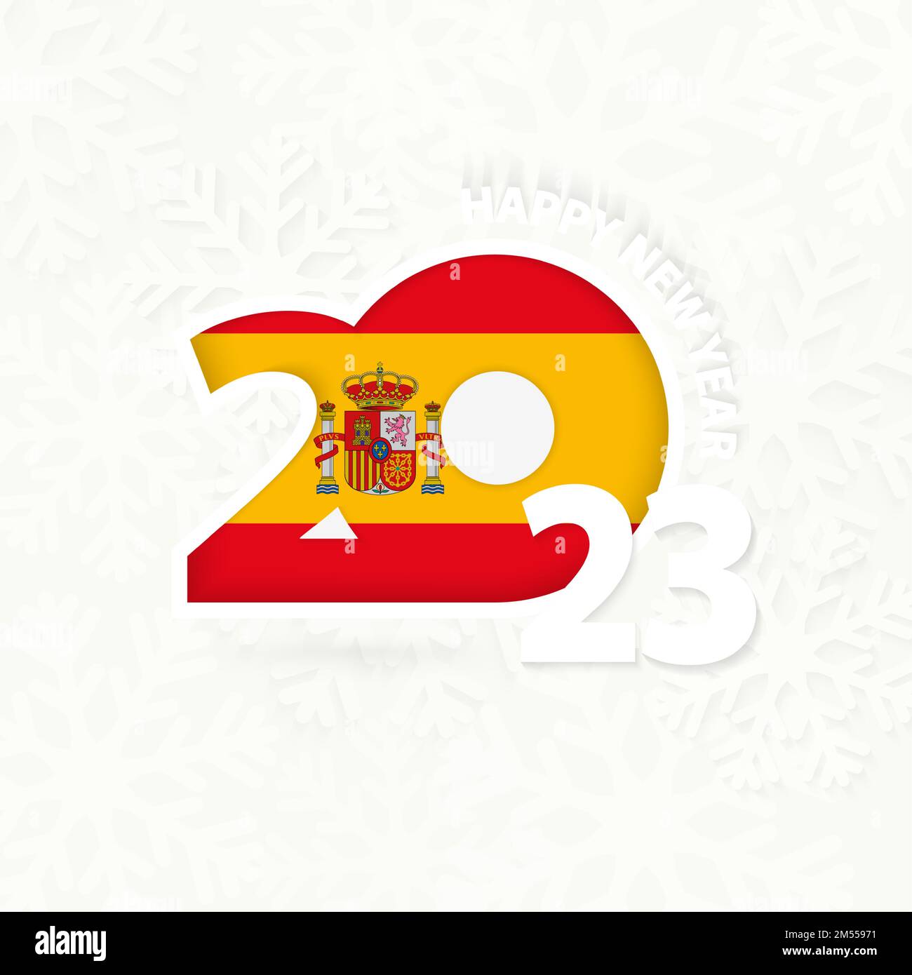 Neujahr 2023 für Spanien mit Schneeflocke. Wir begrüßen Spanien mit dem neuen 2023. Jahr. Stock Vektor