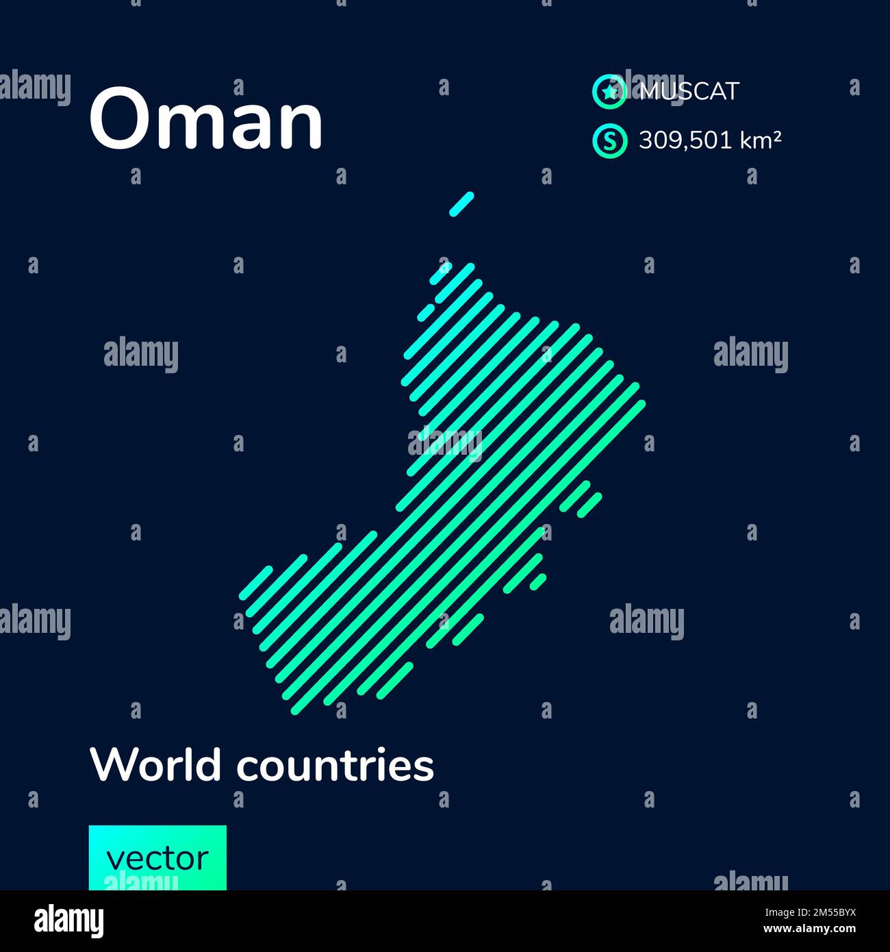 Karte von Oman. Vector kreative digitale Neonkunst abstrakte einfache Karte mit grüner, minzgrün-türkisfarbener Streifenstruktur auf dunkelblauem Hintergrund. Educa Stock Vektor
