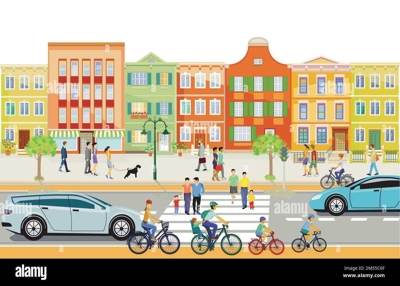 City Silhouette mit Fußgängern in Wohngebiet und Straßenverkehr, Illustration Stock Vektor