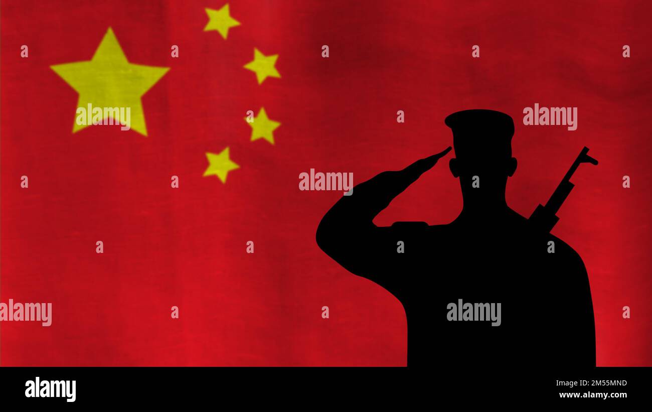 Soldat salutiert Nationalflagge von china Illustration. Unschärfe-Flaggen-Illustrationskonzept für Nationalfeiertage, Veranstaltungen und Nationalstolz. Stockfoto