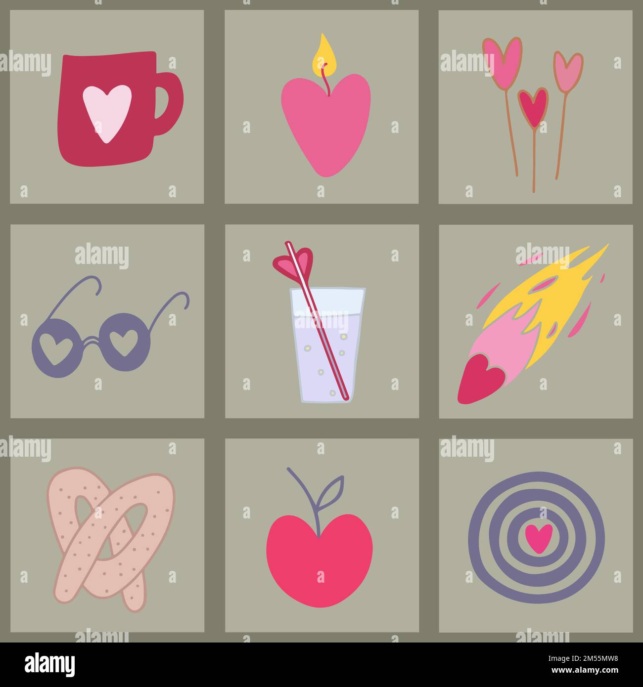 Sammlung von quadratischen Karten mit handgezeichneten verschiedenen Valentinstag-Symbolen. Nahtloses kariertes Muster. Stock Vektor