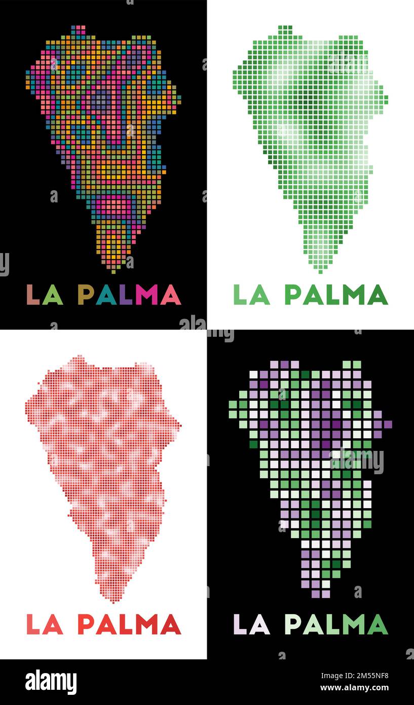 Karte von La Palma. Kartensammlung von La Palma im gepunkteten Stil. Die Inselgrenzen sind mit Rechtecken für Ihr Design gefüllt. Vektordarstellung. Stock Vektor