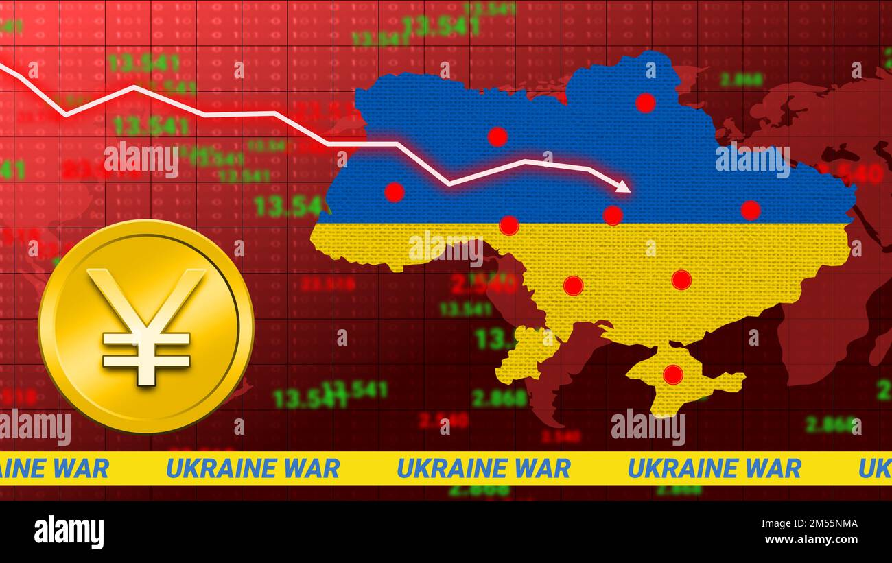 Auswirkungen des Krieges in der Ukraine auf den Hintergrund des Yen-Währungswerts mit Aufwärts- und Abwärtsgrafik. Stockfoto