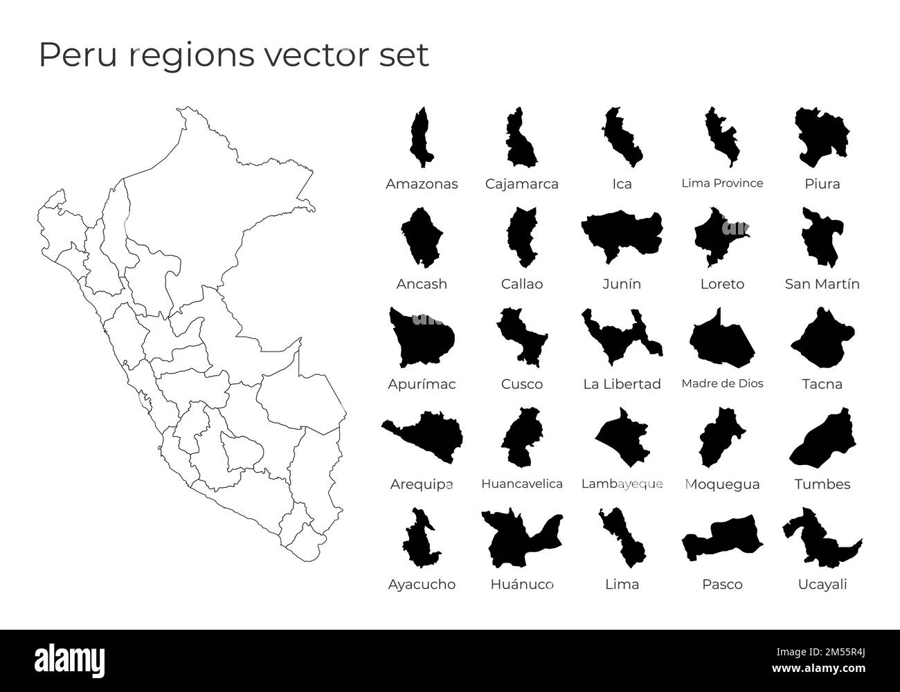 Peru Karte mit Formen von Regionen. Leere Vektorkarte des Landes mit Regionen. Grenzen des Landes für Ihre Infografik. Vektorabbildung. Stock Vektor